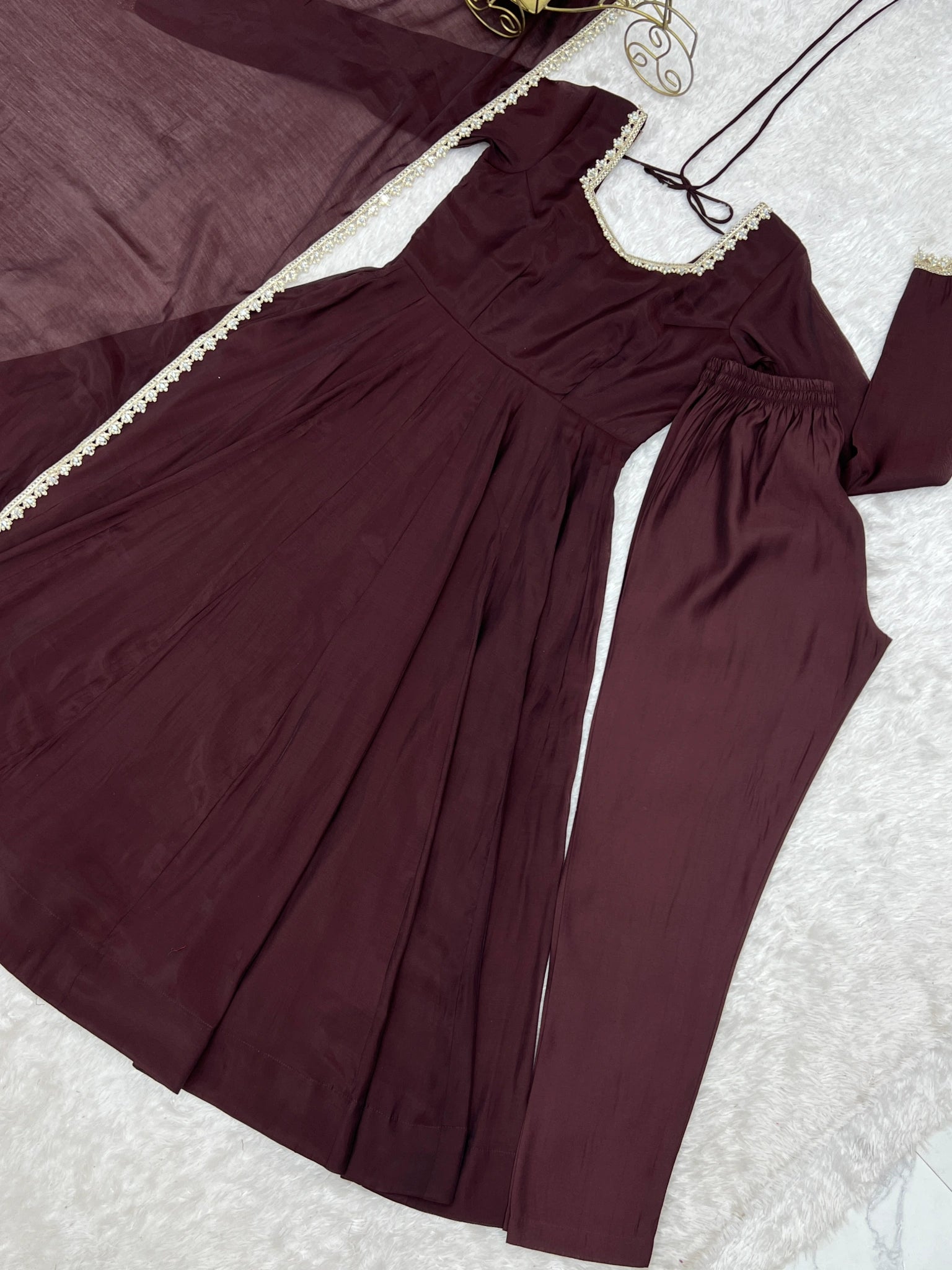 Dark Brown Anarkali suit with straight pant and dupatta flat lay